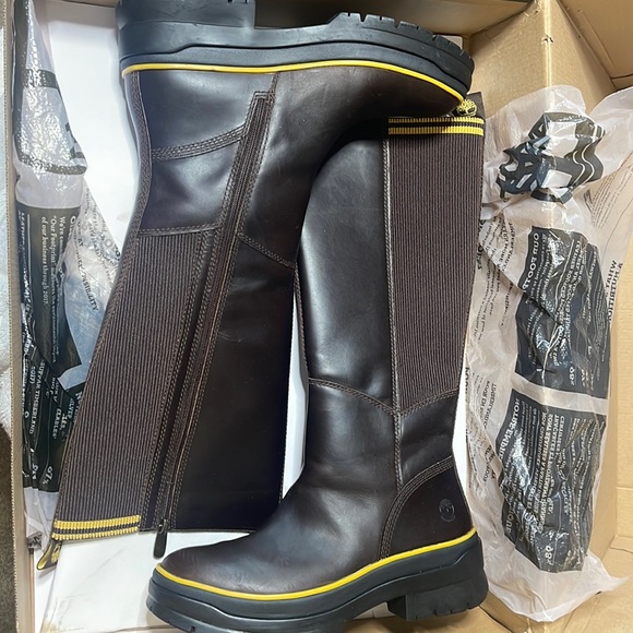 Timberland Shoes - New Timberland Women's Waterproof Tall  Boots Brown yellow trim NEW IN BOX